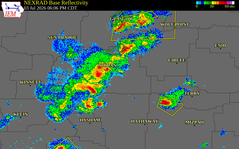 NEXRAD radar during the Friday, July 3, 2026 storm activity in Prairie County, Montana