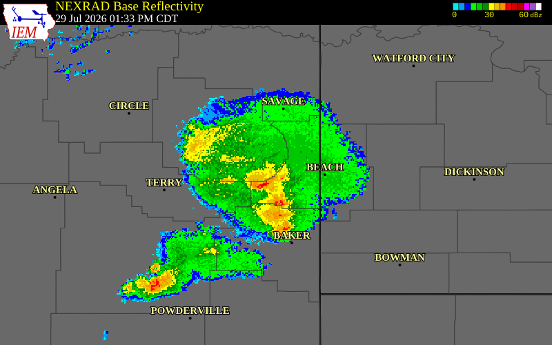 NEXRAD radar during the Wednesday, July 29, 2026 storm activity in Prairie County, Montana