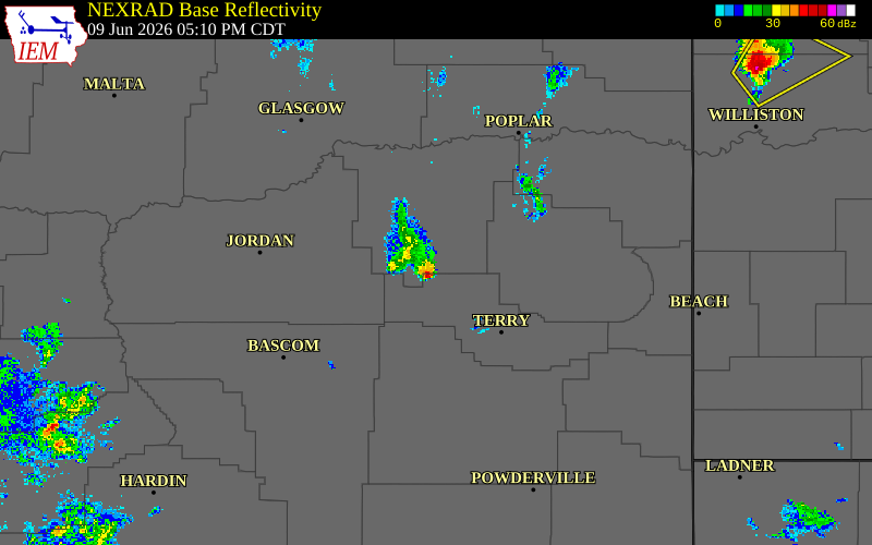 Radar snapshot during the Jun 9, 2026 wind event near Prairie County, Prairie County, Montana, with NWS warning polygons
