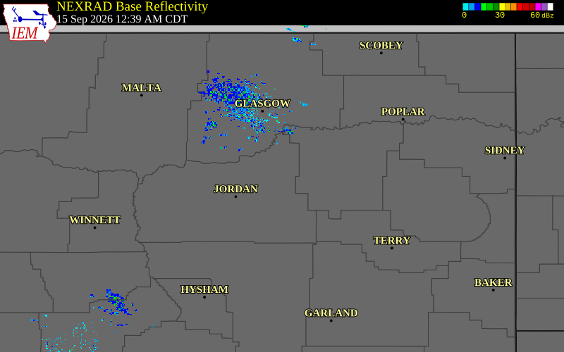 Current NEXRAD radar over Prairie County, Montana with recent storm report locations