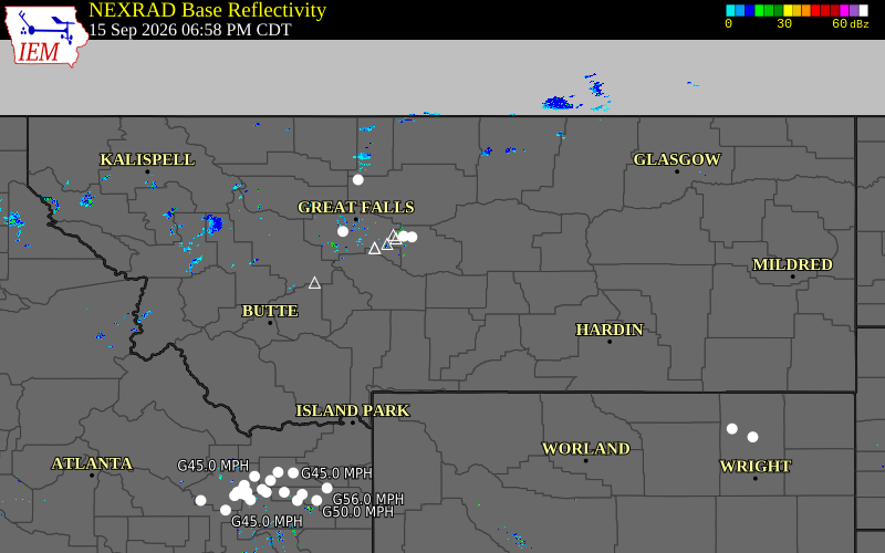 Current NEXRAD radar across Montana with recent storm report locations