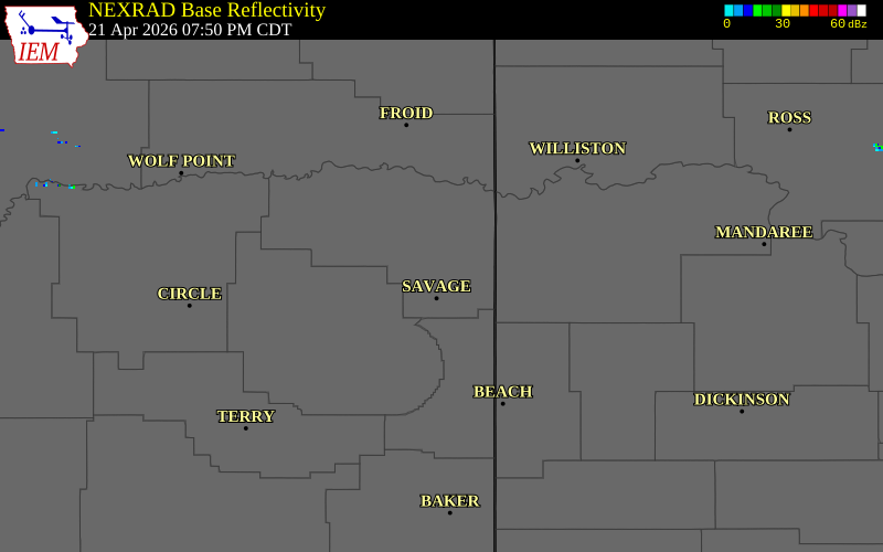 NEXRAD radar during the Tuesday, April 21, 2026 storm activity in Richland County, Montana