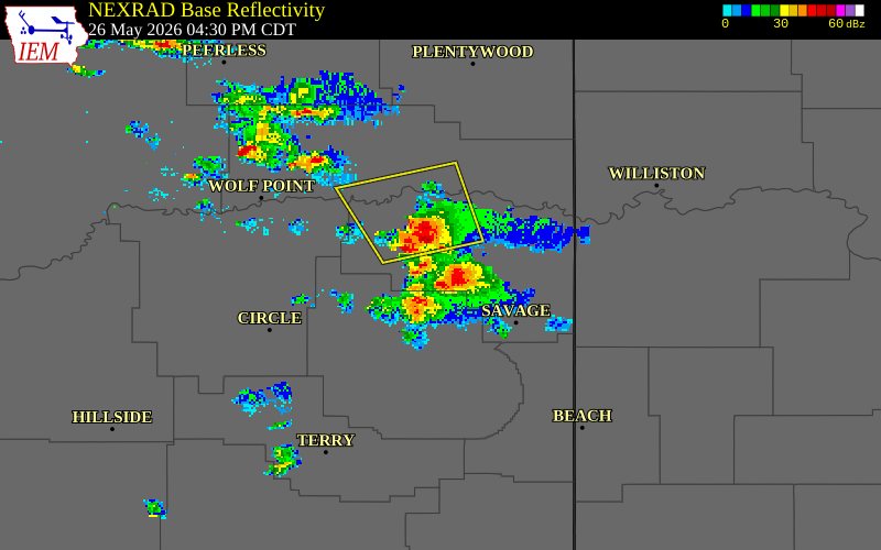 NEXRAD radar during the Tuesday, May 26, 2026 storm activity in Richland County, Montana