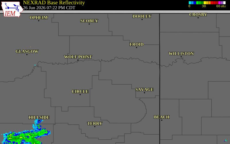 NEXRAD radar during the Friday, June 26, 2026 storm activity in Richland County, Montana