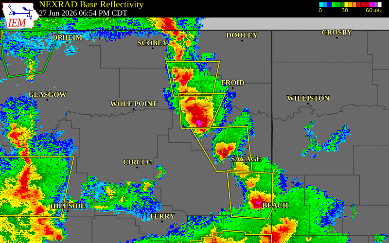 NEXRAD radar during the Saturday, June 27, 2026 storm activity in Richland County, Montana