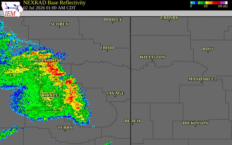 NEXRAD radar during the Thursday, July 2, 2026 storm activity in Richland County, Montana