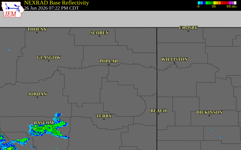 Radar snapshot during the Jun 26, 2026 hail event near 20 S Brockton, Richland County, Montana, with NWS warning polygons