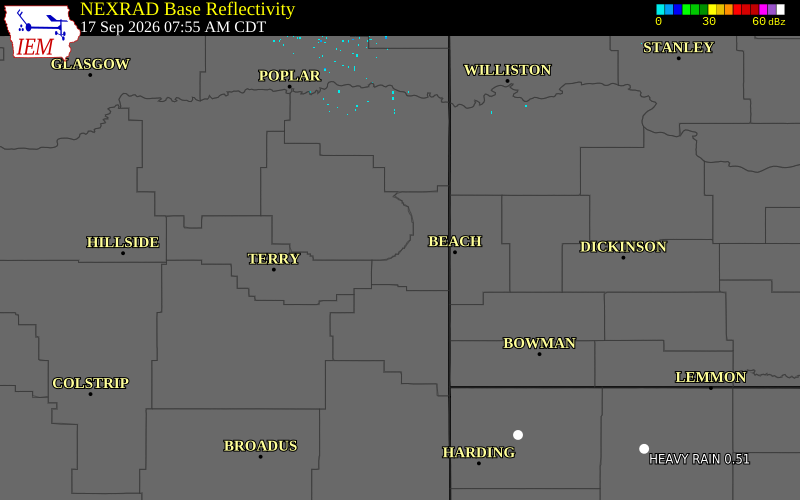 Current NEXRAD radar over Richland County, Montana with recent storm report locations