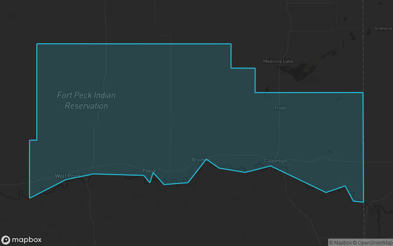 Map of Roosevelt County, Montana showing the county boundary and surrounding cities