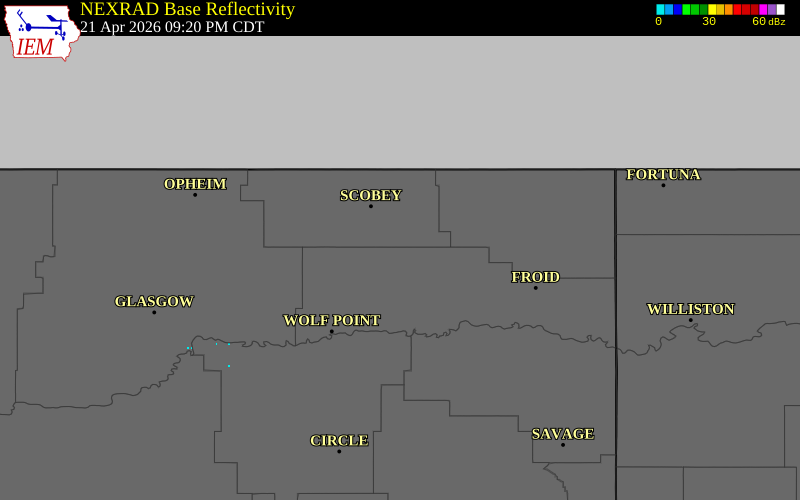 NEXRAD radar during the Tuesday, April 21, 2026 storm activity in Roosevelt County, Montana