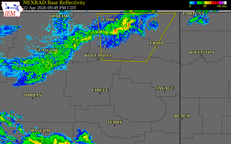 NEXRAD radar during the Wednesday, April 22, 2026 storm activity in Roosevelt County, Montana