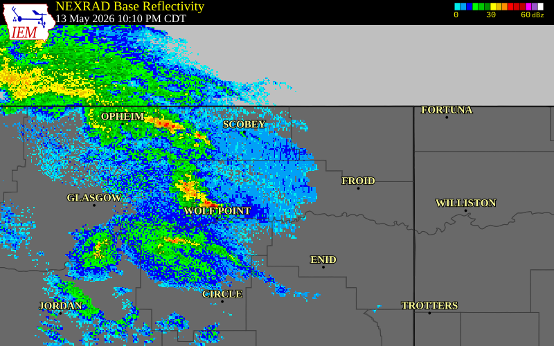 NEXRAD radar during the Wednesday, May 13, 2026 storm activity in Roosevelt County, Montana