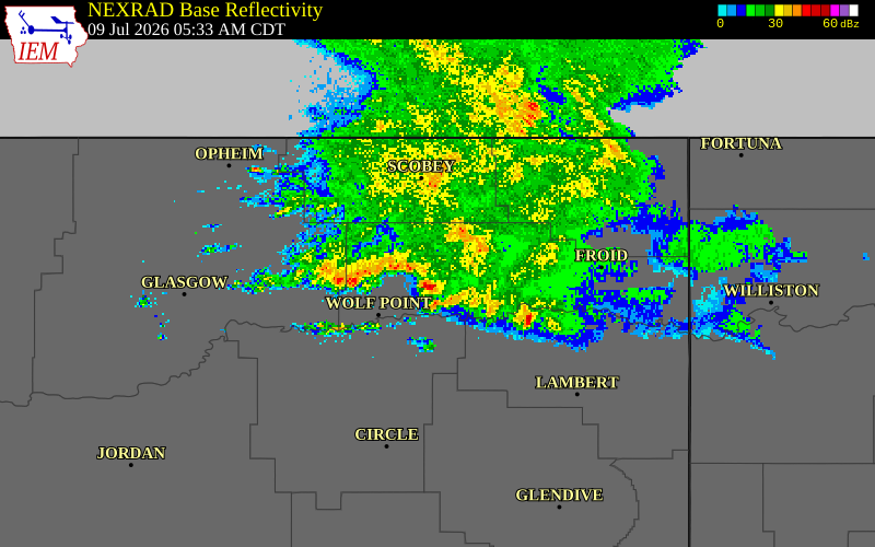 NEXRAD radar during the Thursday, July 9, 2026 storm activity in Roosevelt County, Montana