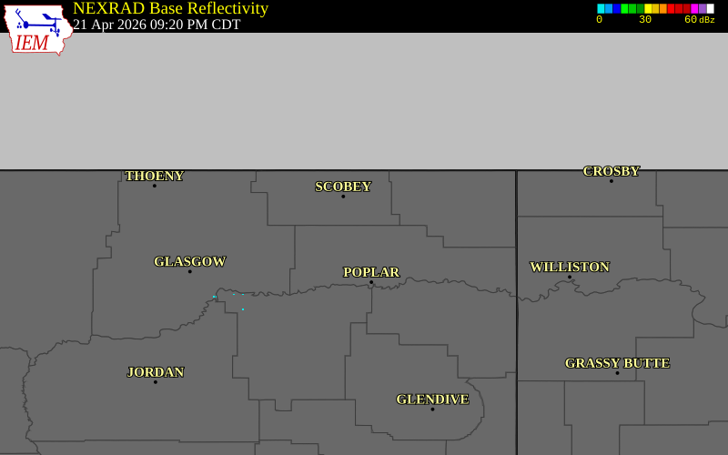 Radar snapshot during the Apr 21, 2026 wind event near 4 NNE Bredette, Roosevelt County, Montana, with NWS warning polygons