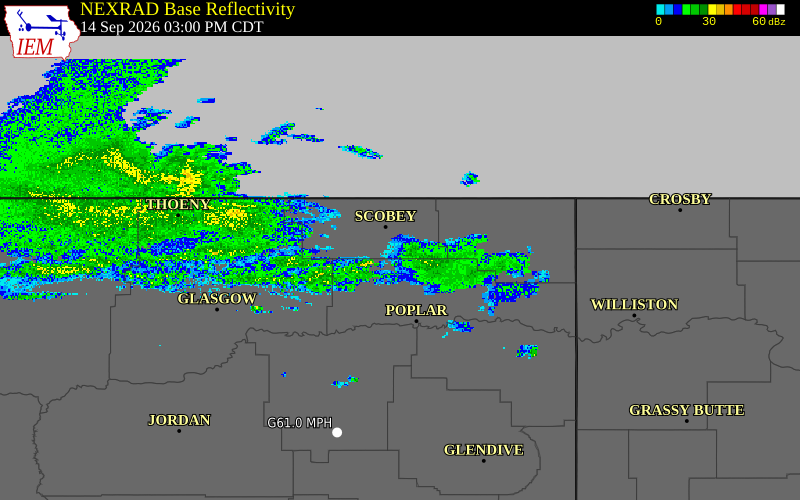 Current NEXRAD radar over Roosevelt County, Montana with recent storm report locations
