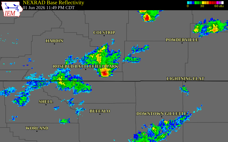 NEXRAD radar during the Monday, June 1, 2026 storm activity in Rosebud County, Montana
