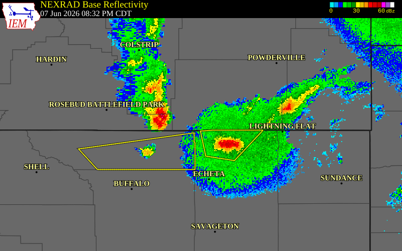 NEXRAD radar during the Sunday, June 7, 2026 storm activity in Rosebud County, Montana