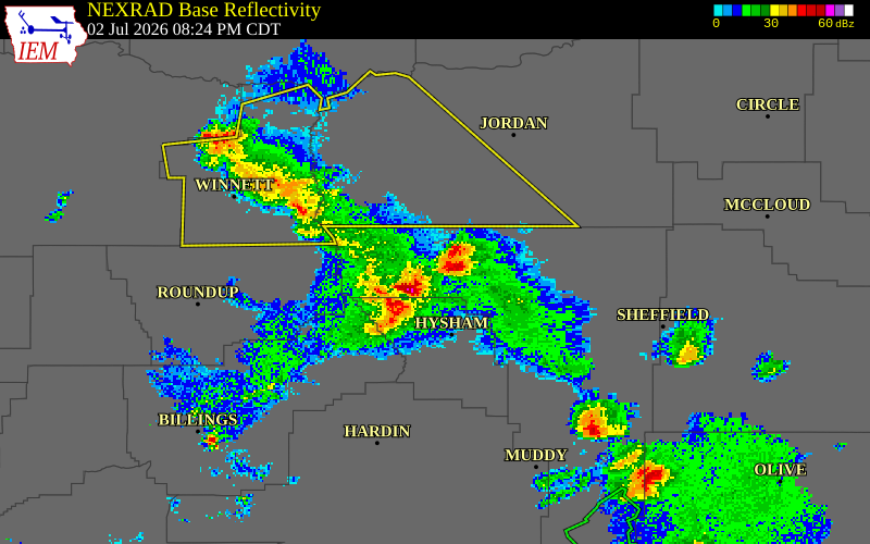 NEXRAD radar during the Thursday, July 2, 2026 storm activity in Rosebud County, Montana