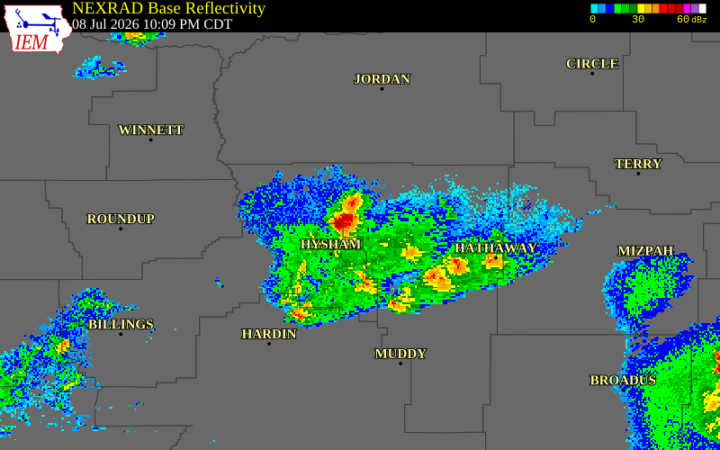 NEXRAD radar during the Wednesday, July 8, 2026 storm activity in Rosebud County, Montana