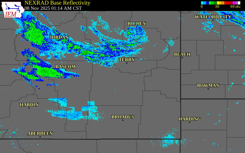 Radar snapshot during the Nov 8, 2025 wind event near Rosebud County, Rosebud County, Montana, with NWS warning polygons
