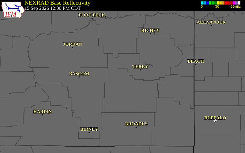 Current NEXRAD radar over Rosebud County, Montana with recent storm report locations