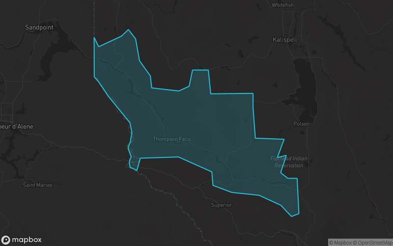 Map of Sanders County, Montana showing the county boundary and surrounding cities