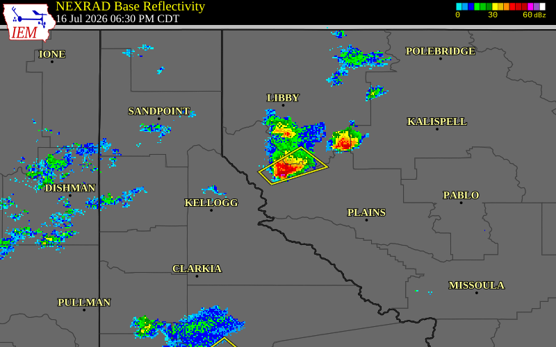 NEXRAD radar during the Thursday, July 16, 2026 storm activity in Sanders County, Montana