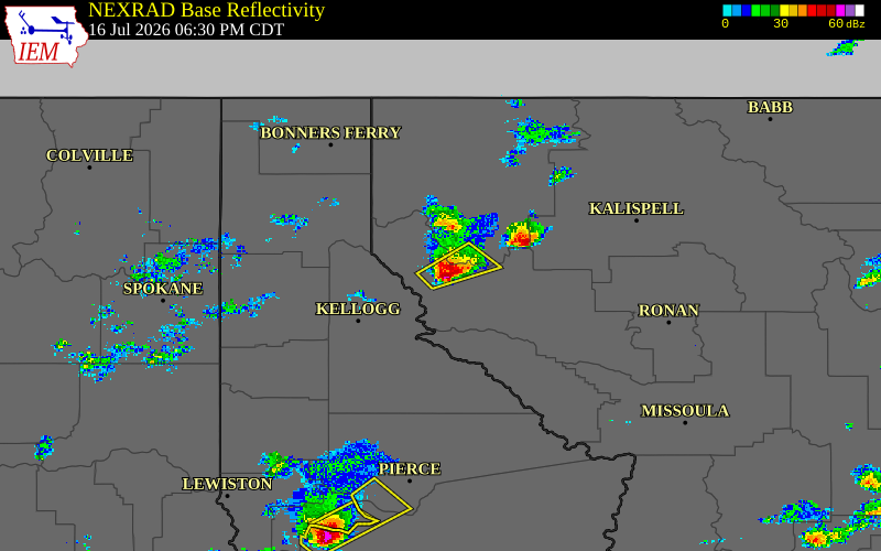 Radar snapshot during the Jul 16, 2026 hail event near Trout Creek, Sanders County, Montana, with NWS warning polygons