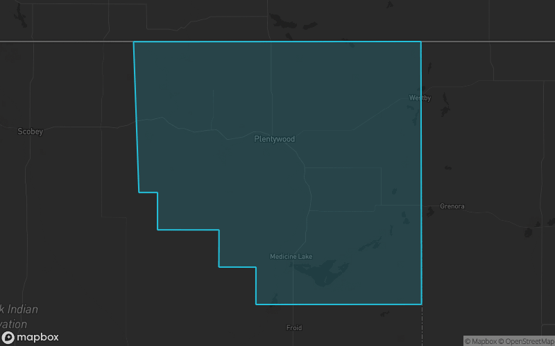 Map of Sheridan County, Montana showing the county boundary and surrounding cities