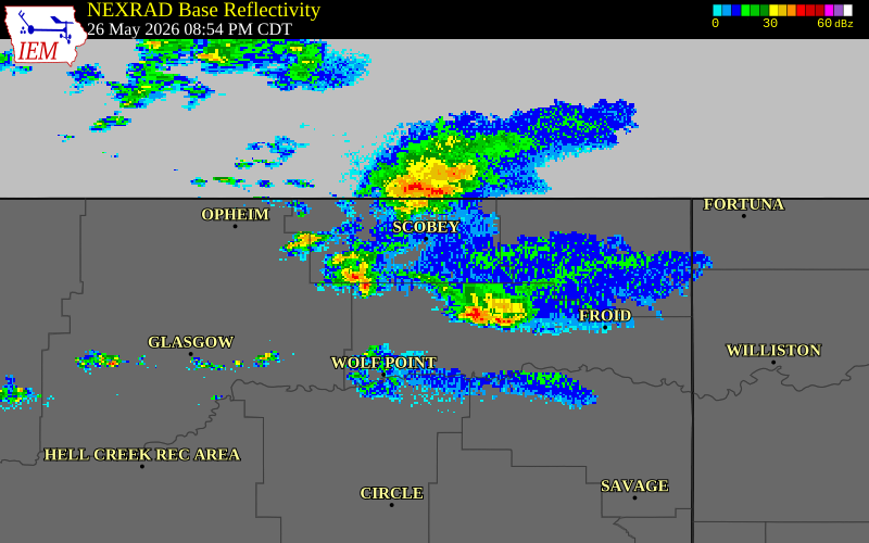 NEXRAD radar during the Tuesday, May 26, 2026 storm activity in Sheridan County, Montana