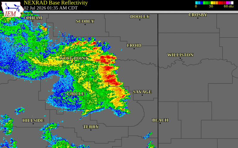 NEXRAD radar during the Thursday, July 2, 2026 storm activity in Sheridan County, Montana