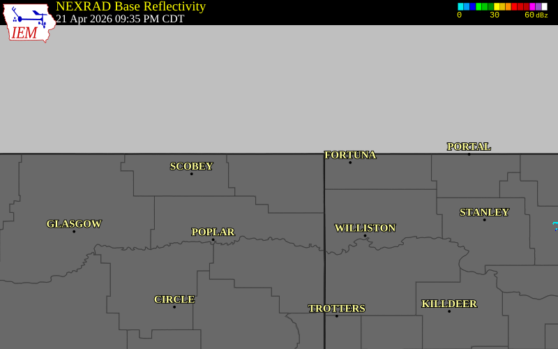 Radar snapshot during the Apr 21, 2026 wind event near 2 ENE Plentywood, Sheridan County, Montana, with NWS warning polygons