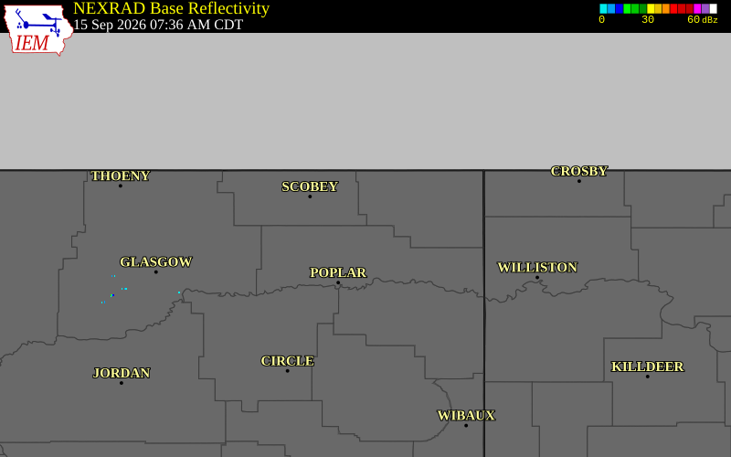 Current NEXRAD radar over Sheridan County, Montana with recent storm report locations