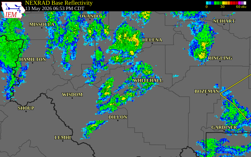 NEXRAD radar during the Wednesday, May 13, 2026 storm activity in Silver Bow County, Montana