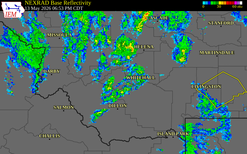 Radar snapshot during the May 13, 2026 wind event near 3 SSE Butte, Silver Bow County, Montana, with NWS warning polygons