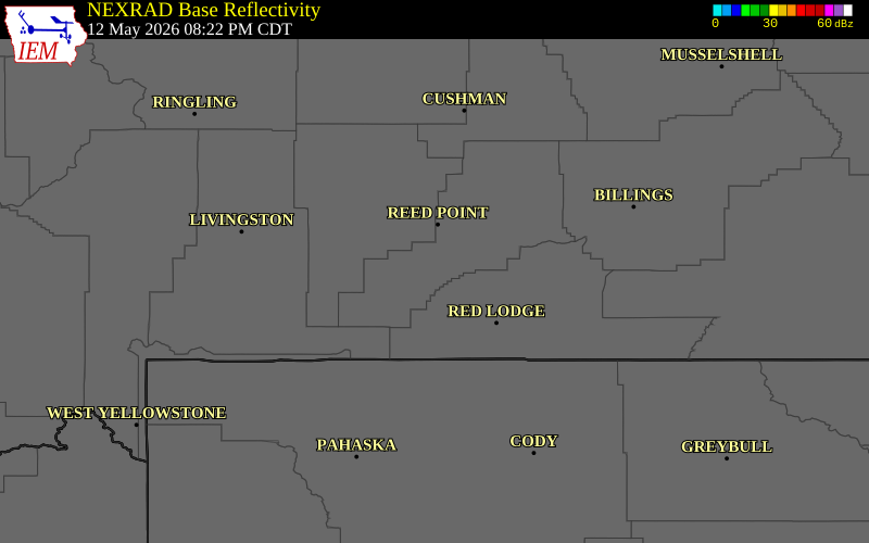 NEXRAD radar during the Tuesday, May 12, 2026 storm activity in Stillwater County, Montana
