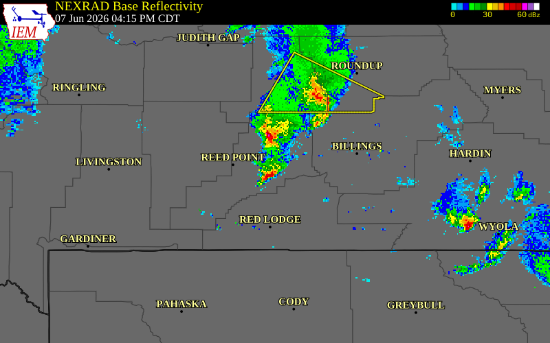 NEXRAD radar during the Sunday, June 7, 2026 storm activity in Stillwater County, Montana