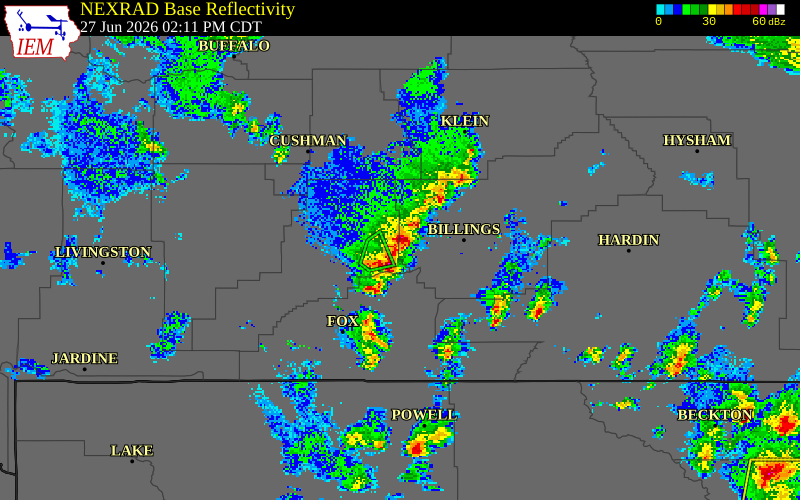 NEXRAD radar during the Saturday, June 27, 2026 storm activity in Stillwater County, Montana