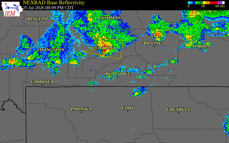 NEXRAD radar during the Saturday, July 25, 2026 storm activity in Stillwater County, Montana