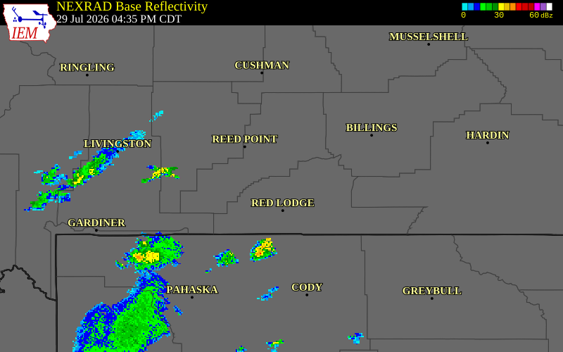 NEXRAD radar during the Wednesday, July 29, 2026 storm activity in Stillwater County, Montana