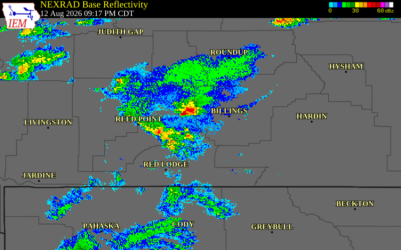 NEXRAD radar during the Wednesday, August 12, 2026 storm activity in Stillwater County, Montana