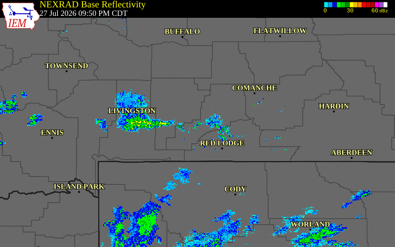 Radar snapshot during the Jul 27, 2026 wind event near 8 WNW Absarokee, Stillwater County, Montana, with NWS warning polygons