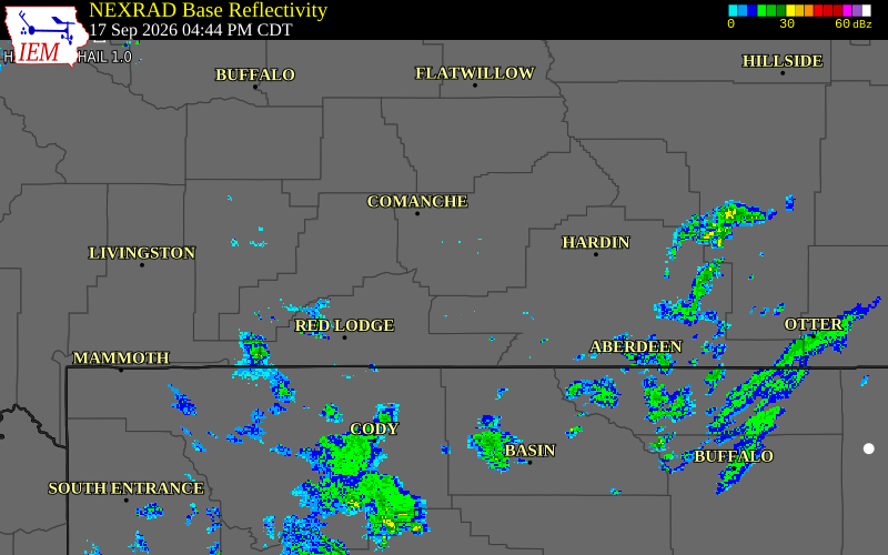 Current NEXRAD radar over Stillwater County, Montana with recent storm report locations