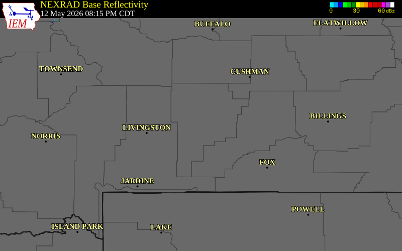NEXRAD radar during the Tuesday, May 12, 2026 storm activity in Sweet Grass County, Montana