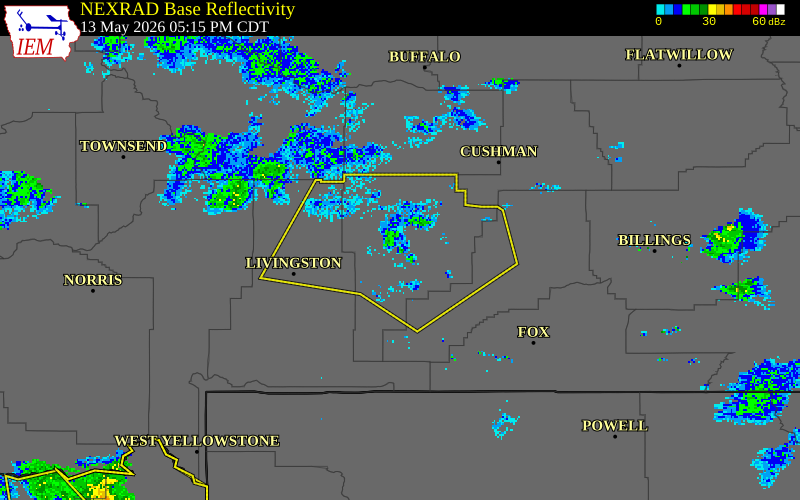 NEXRAD radar during the Wednesday, May 13, 2026 storm activity in Sweet Grass County, Montana