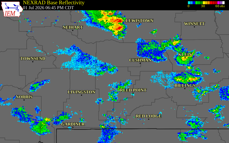 NEXRAD radar during the Wednesday, July 1, 2026 storm activity in Sweet Grass County, Montana