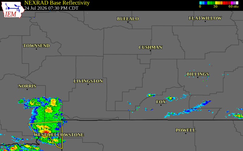 NEXRAD radar during the Friday, July 24, 2026 storm activity in Sweet Grass County, Montana