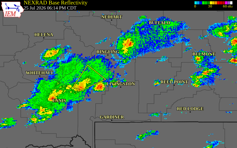 NEXRAD radar during the Saturday, July 25, 2026 storm activity in Sweet Grass County, Montana