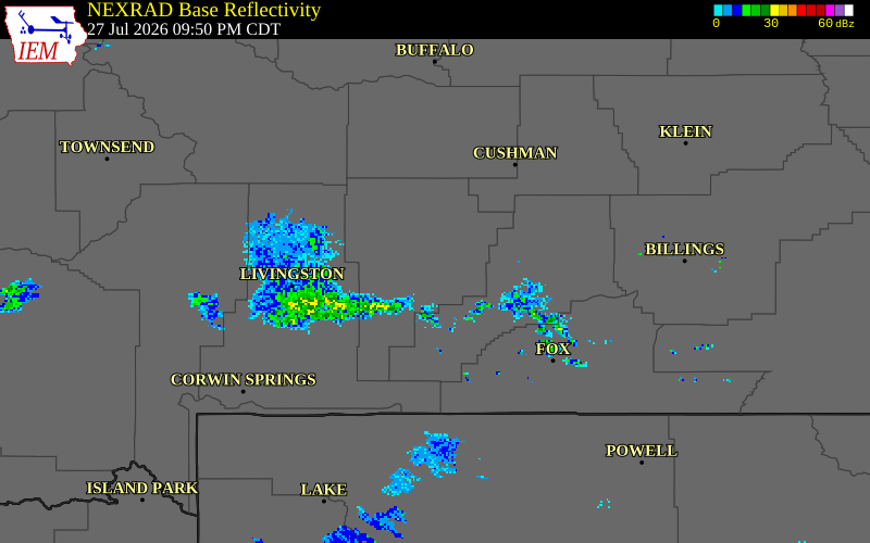 NEXRAD radar during the Monday, July 27, 2026 storm activity in Sweet Grass County, Montana