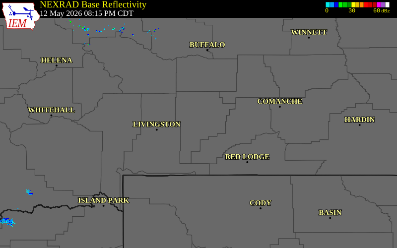 Radar snapshot during the May 12, 2026 wind event near 6 S Big Timber, Sweet Grass County, Montana, with NWS warning polygons